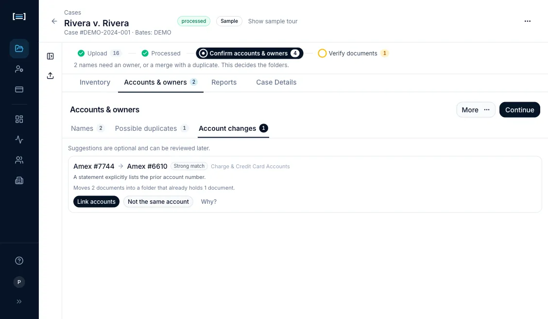 The Account changes tab selected, with Names 2 and Possible duplicates 1 beside it, and the line “Suggestions are optional and can be reviewed later.” above a single row. The row reads Amex #7744, an arrow, Amex #6610, tagged Strong match, in Charge & Credit Card Accounts. Beneath it: “A statement explicitly lists the prior account number.” and “Moves 2 documents into a folder that already holds 1 document.” Link accounts, Not the same account and Why? sit at the foot of the row.