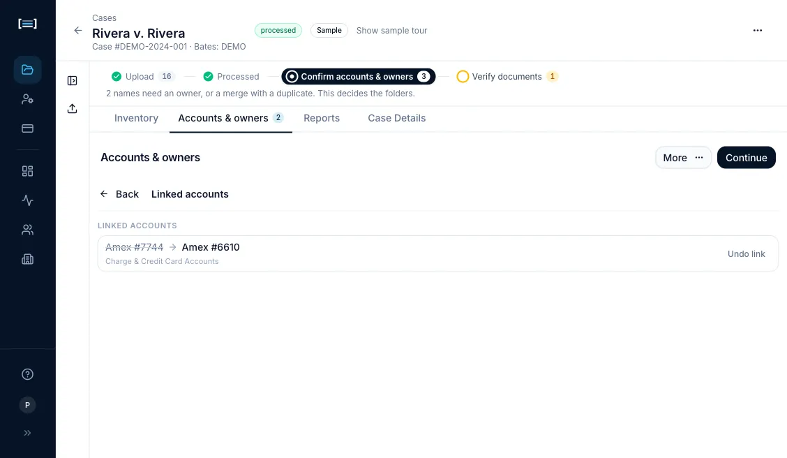More then Linked accounts, showing a Back button beside the heading Linked accounts. Under a Linked accounts group label, one entry reads Amex #7744 struck through, an arrow, then Amex #6610, with Charge & Credit Card Accounts beneath it and Undo link on the right. The queue tabs are not shown: every sub-view opened from More replaces them until you press Back.