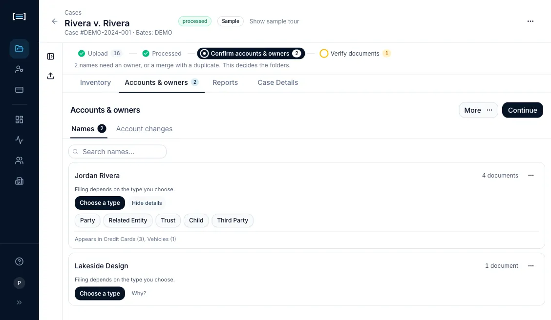 The Jordan Rivera row opened up. Choose a type now sits beside Hide details, and the five types are laid out inline on the row itself: Party, Related Entity, Trust, Child, Third Party. Beneath them the disclosure reads “Appears in Credit Cards (3), Vehicles (1)”. Two queue tabs are present here, Names 2 and Account changes, the latter carrying no number.