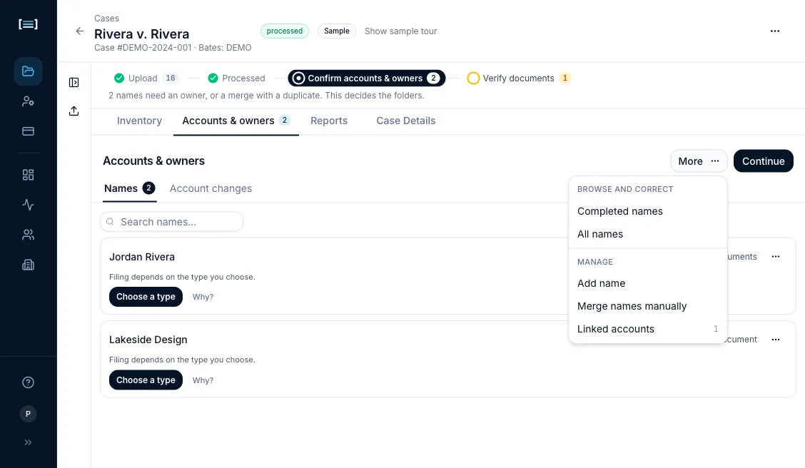 The More menu open over the Names queue. Under a Browse and correct heading: Completed names, All names. Under Manage: Add name, Merge names manually, and Linked accounts carrying a count of 1. Recently deleted is not in this menu, because nothing has been deleted on this case.