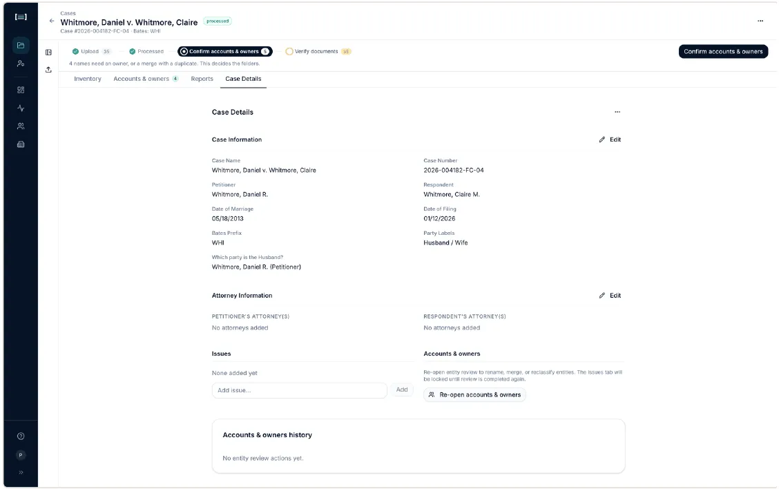 Case Details tab for Whitmore, Daniel v. Whitmore, Claire, with Case Information, Attorney Information, Issues, and Accounts & owners, plus Re-open accounts & owners.