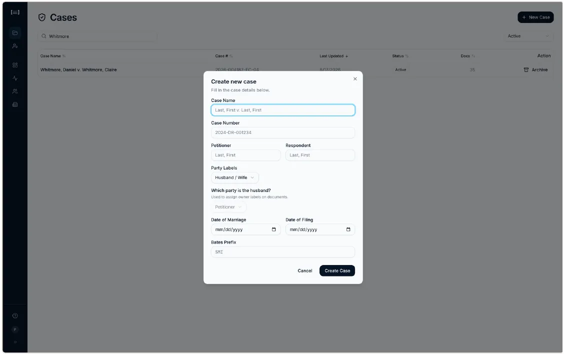 Create new case dialog on the Cases list. Fields include Case Name (Last, First v. Last, First), Case Number, Petitioner, Respondent, Party Labels, dates, and Bates Prefix.