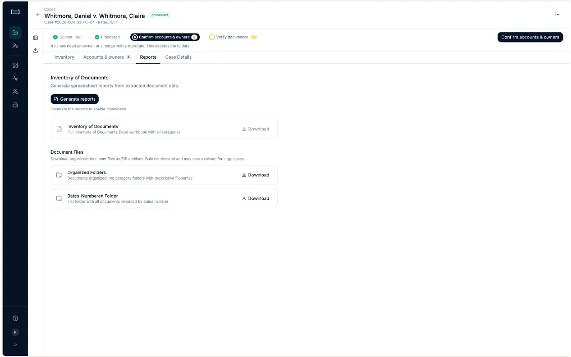 Deliverables tab with Generate reports, then download rows for Inventory of Documents, Organized Folders, and Bates-Numbered Folder.