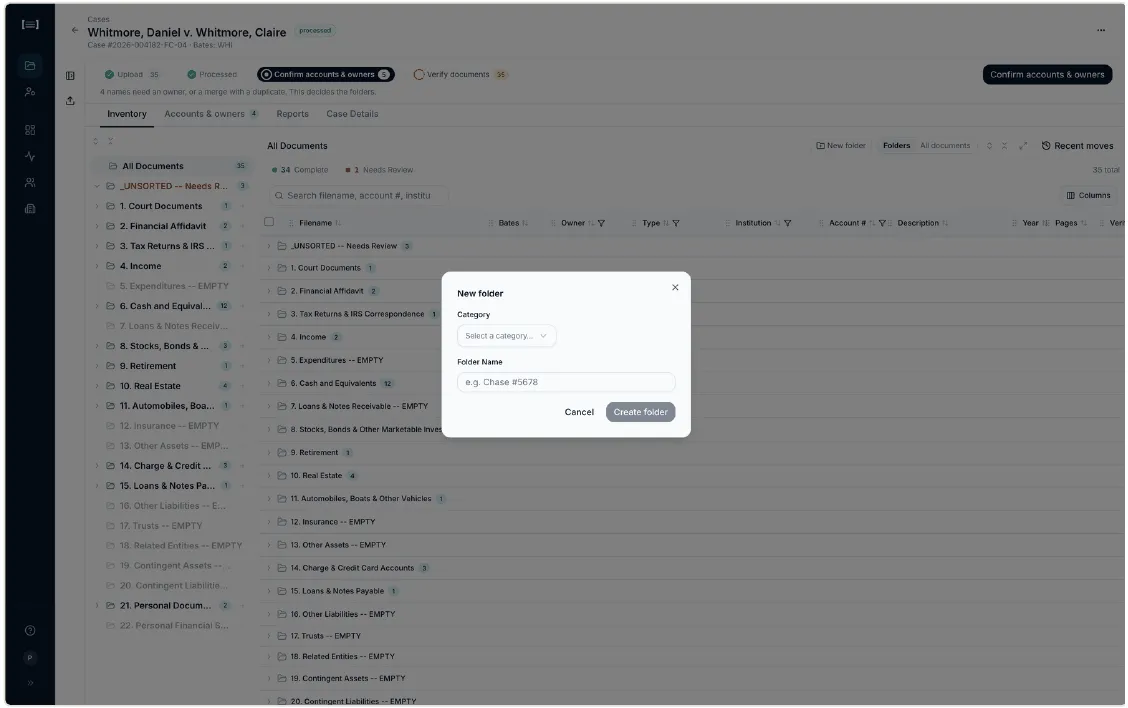New folder dialog on the Inventory tab, with Category and Folder Name fields. Folder Name placeholder reads e.g. Chase #5678.