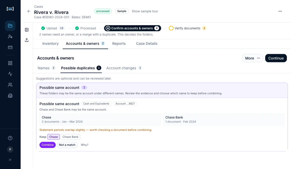 The Possible duplicates tab selected, with Names 2 and Account changes 1 beside it. Above the row: “Suggestions are optional and can be reviewed later.” A Possible same account section holding 1 row. The row carries Cash and Equivalents and Account …4821 chips and the line “Chase and Chase Bank may be the same account.” Two cards sit side by side: Chase, 2 documents, Jan – Mar 2024, and Chase Bank, 1 document, Feb 2024. An amber note reads “Statement periods overlap slightly — worth checking a document before combining.” Below it, Keep offers Chase or Chase Bank, with Chase currently chosen, then Combine, Not a match and Why?.
