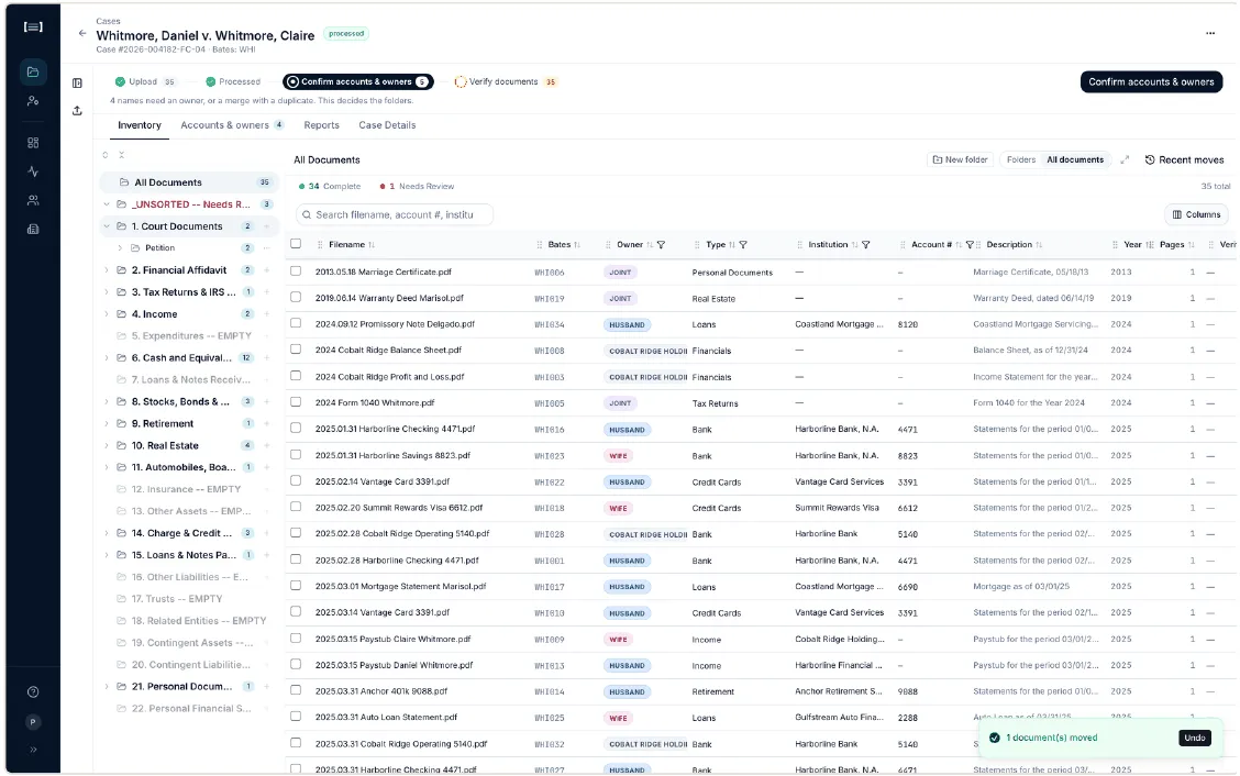 Inventory tab after a drop. A confirmation at bottom-right reads 1 document(s) moved, with an Undo button.