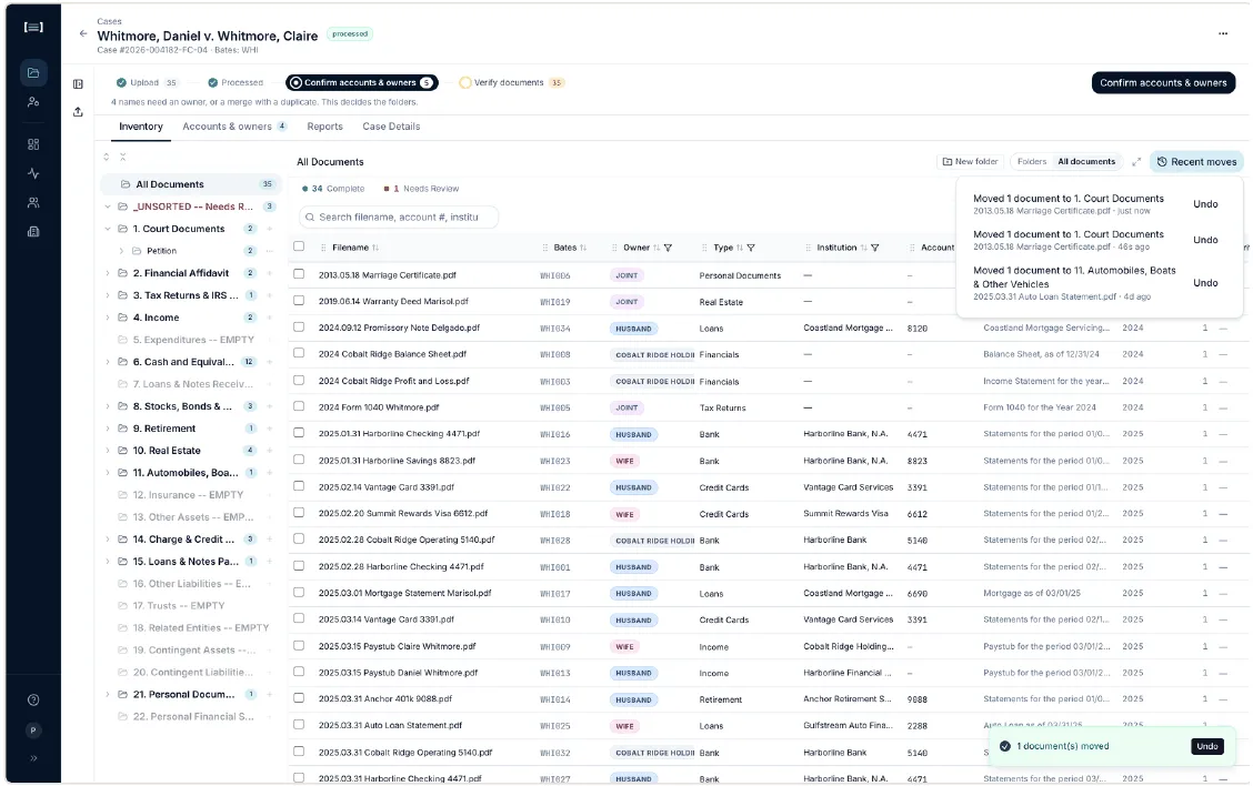 Inventory tab with the Recent moves panel open, listing three moves with Undo on each row, and a 1 document(s) moved confirmation at the bottom.