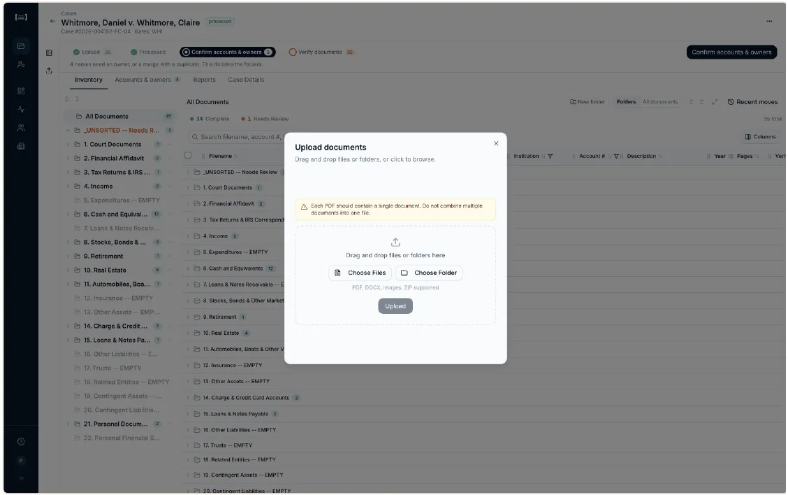 Upload documents dialog on the Whitmore case, with Choose Files, Choose Folder, and a warning that each PDF should contain a single document.