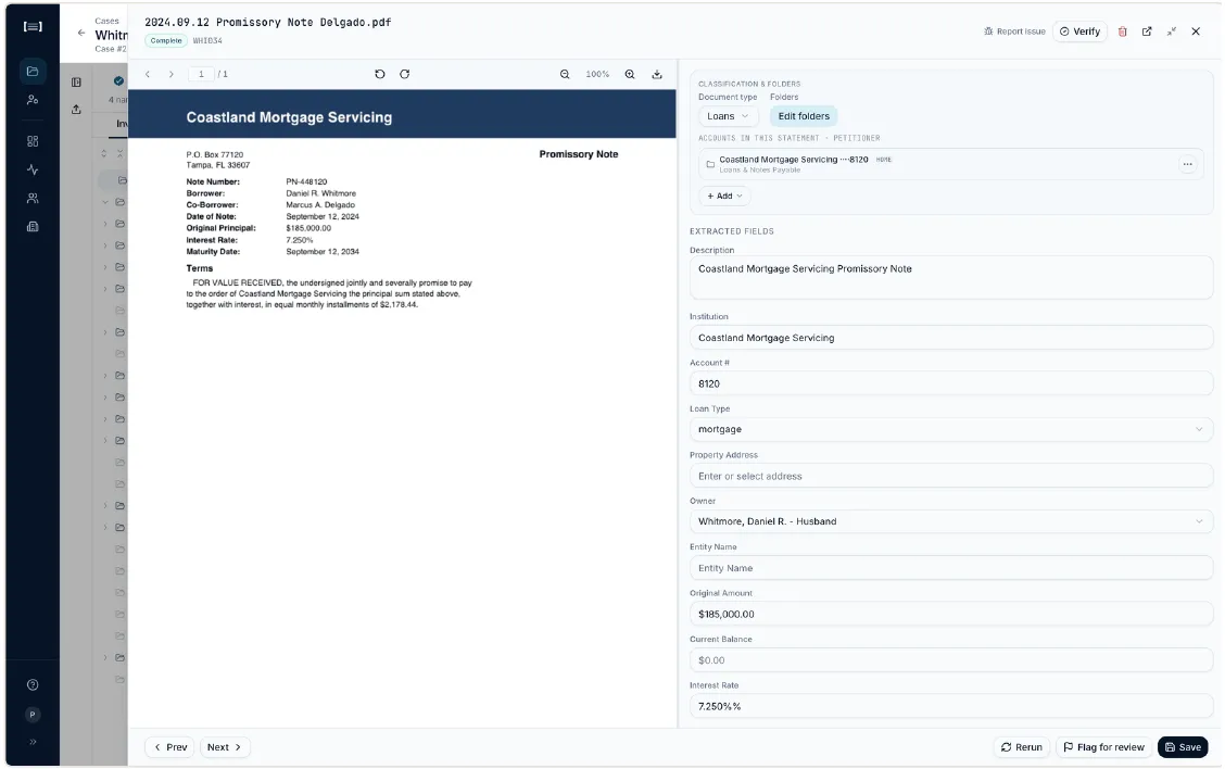 Document panel with a Coastland Mortgage Servicing promissory note on the left and extracted fields on the right: Loans, account 8120, owner Whitmore, Daniel R. — Husband. Verify is in the header.