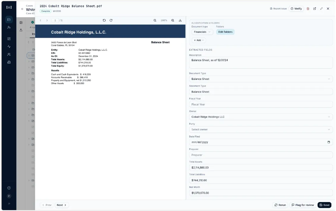 Document panel for a Cobalt Ridge Holdings balance sheet. Extracted fields include description, document type, owner, total assets, total liabilities, and net worth. Verify, Save, and Next are visible.